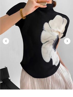 Black Short Sleeve Top with White Floral Accent